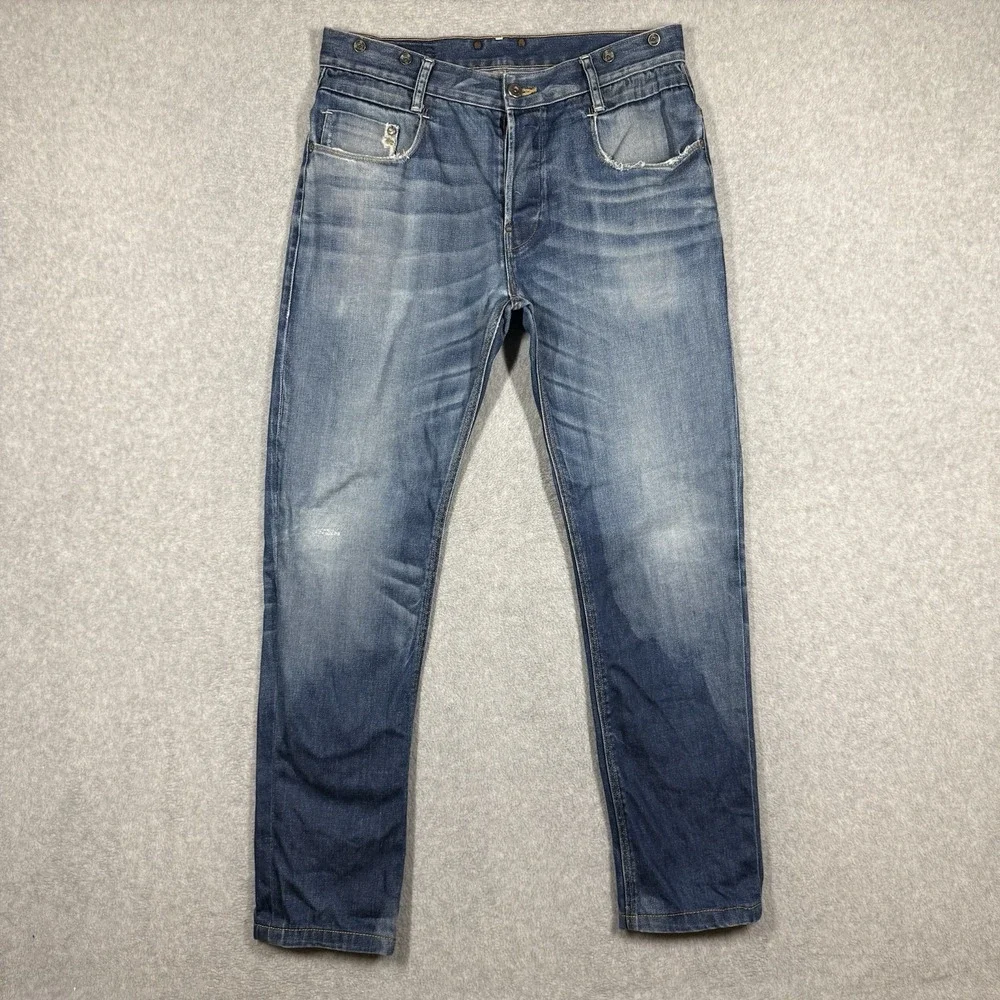 G Star Raw Jeans Mens 33x30 Blue New Radar Tapered Braces Suspender Buttons Hem